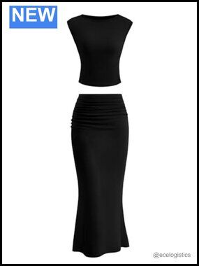 Women's Two Piece Skirt Set Ruched Bodycon Crop Top and Maxi Skirt outfit